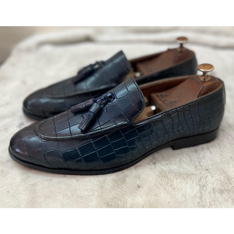 Blue Croco Loafers With Tassels