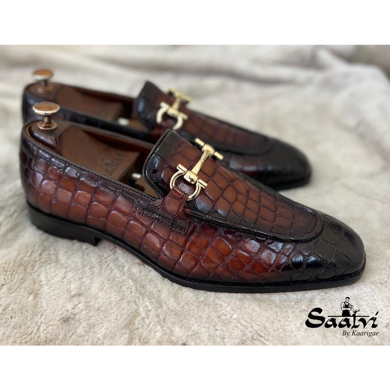Alberto Brown Croco Horsebit Loafers