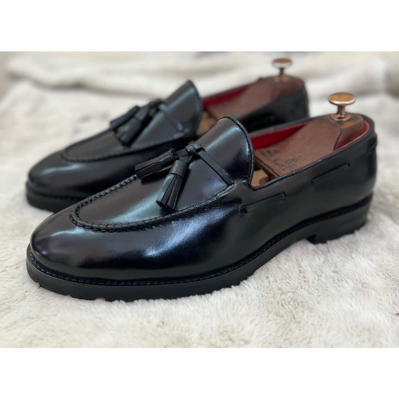 Black Leather Chunky Tassel Loafers