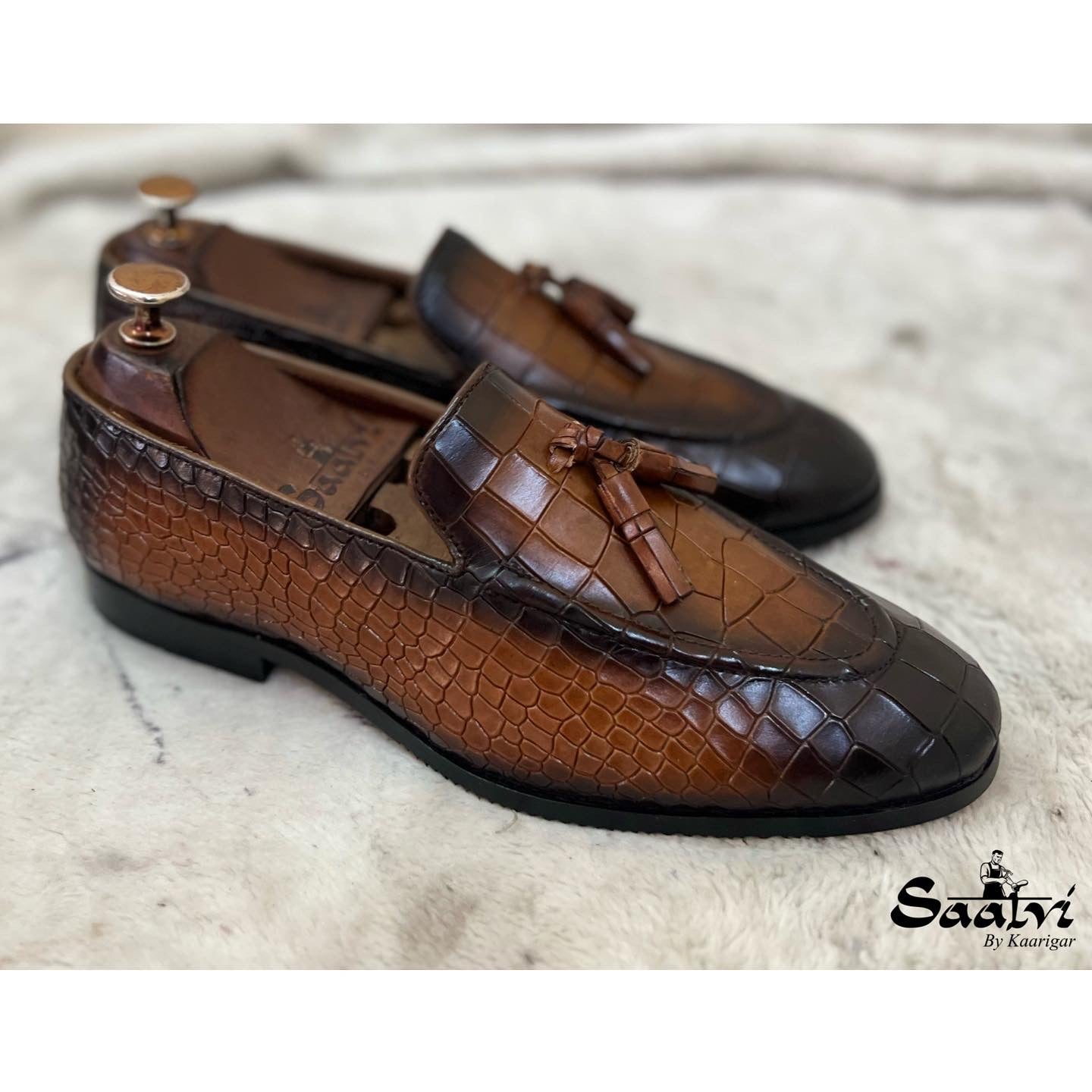 Tan Burnish Croco Loafers With Tassels