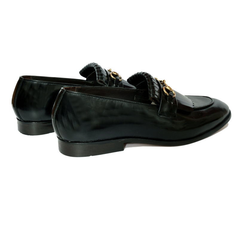 Horsebit Loafers With Fringes- Blk Calf