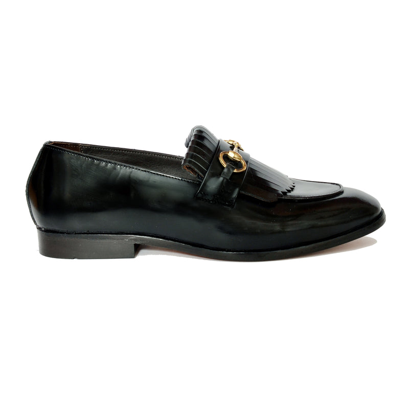 Horsebit Loafers With Fringes- Blk Calf