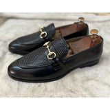 Black Horsebit Loafers With Weave Leather