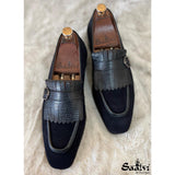 Black Suede Loafers With Fringes