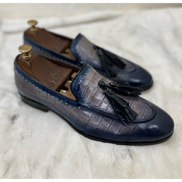 Crocodile Embossed Loafers With Tassles Hand Patina