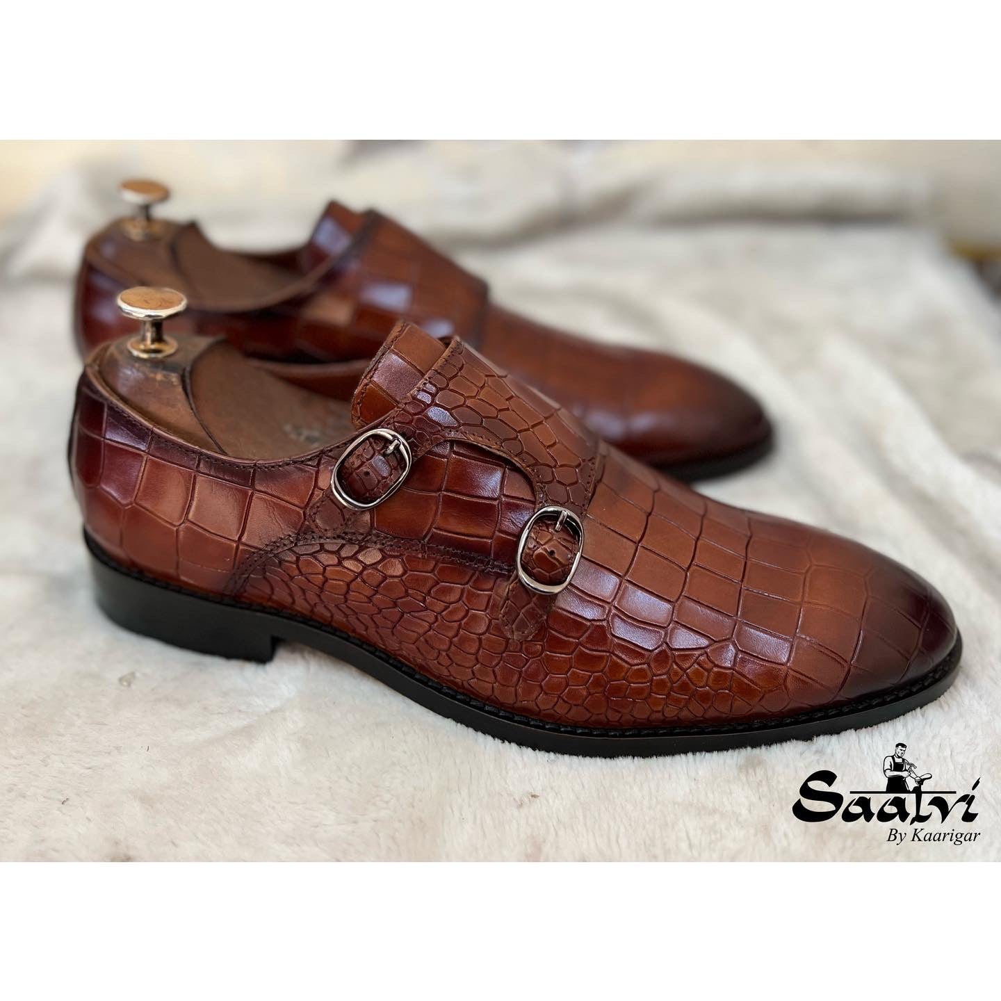 Double Monk Strap Croco Hand Finished