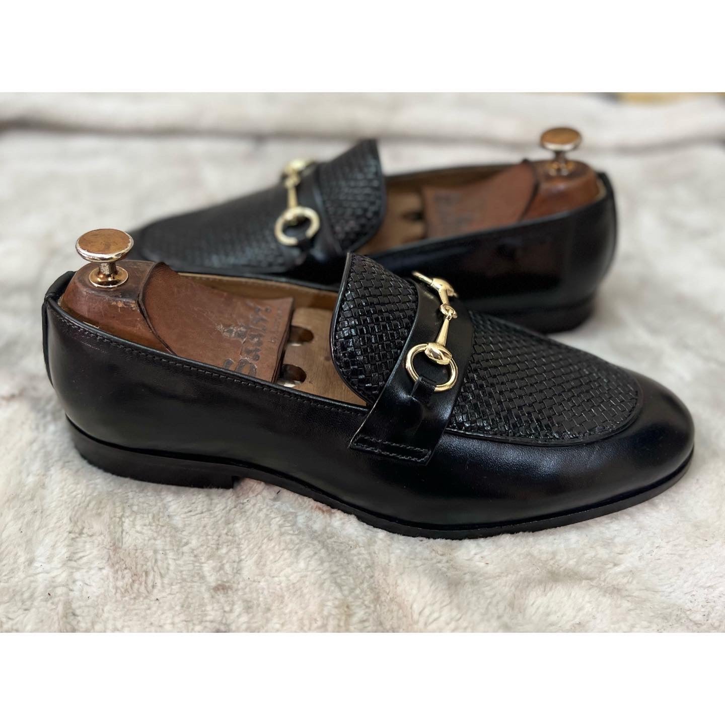 Black Horsebit Loafers With Weave Leather