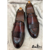 Brown Double Monk Strap Loafers With Fringes