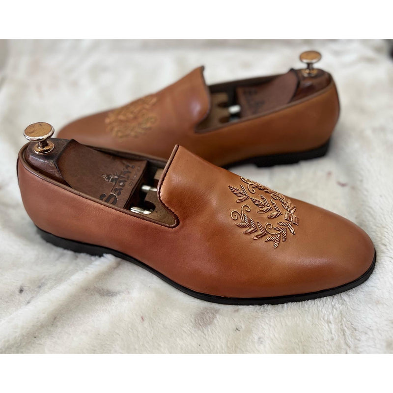 Tan Leaf Zardosi Slipons