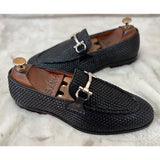 Black Hand Woven Loafers With Silver Metal Trim