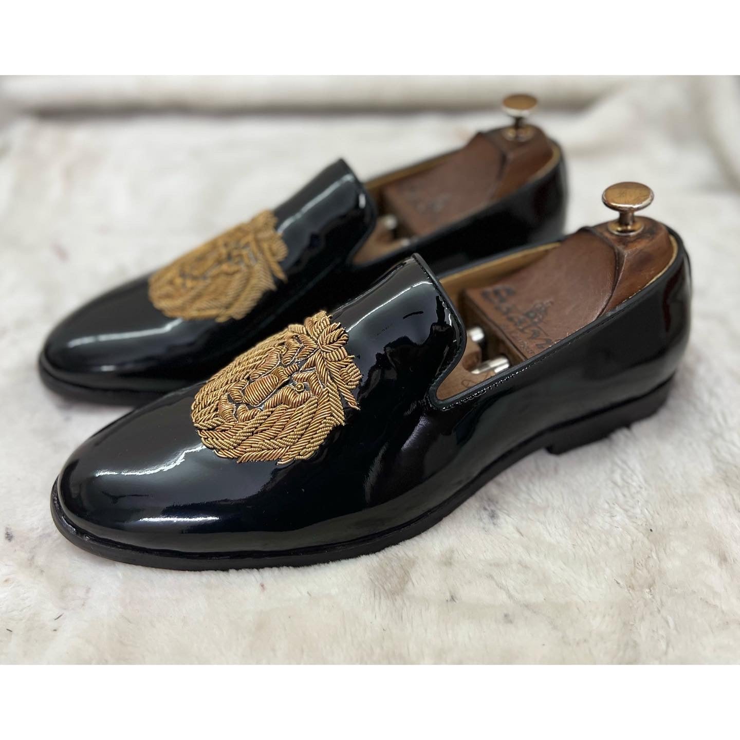 Black Patent Lion Zardosi Slipons