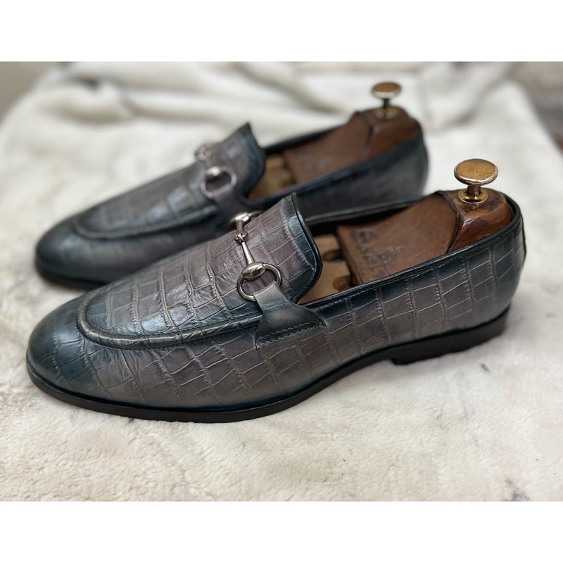 Grey Croco Embossed Loafers