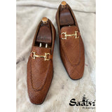 Tan Weave Loafers With Metal Trim