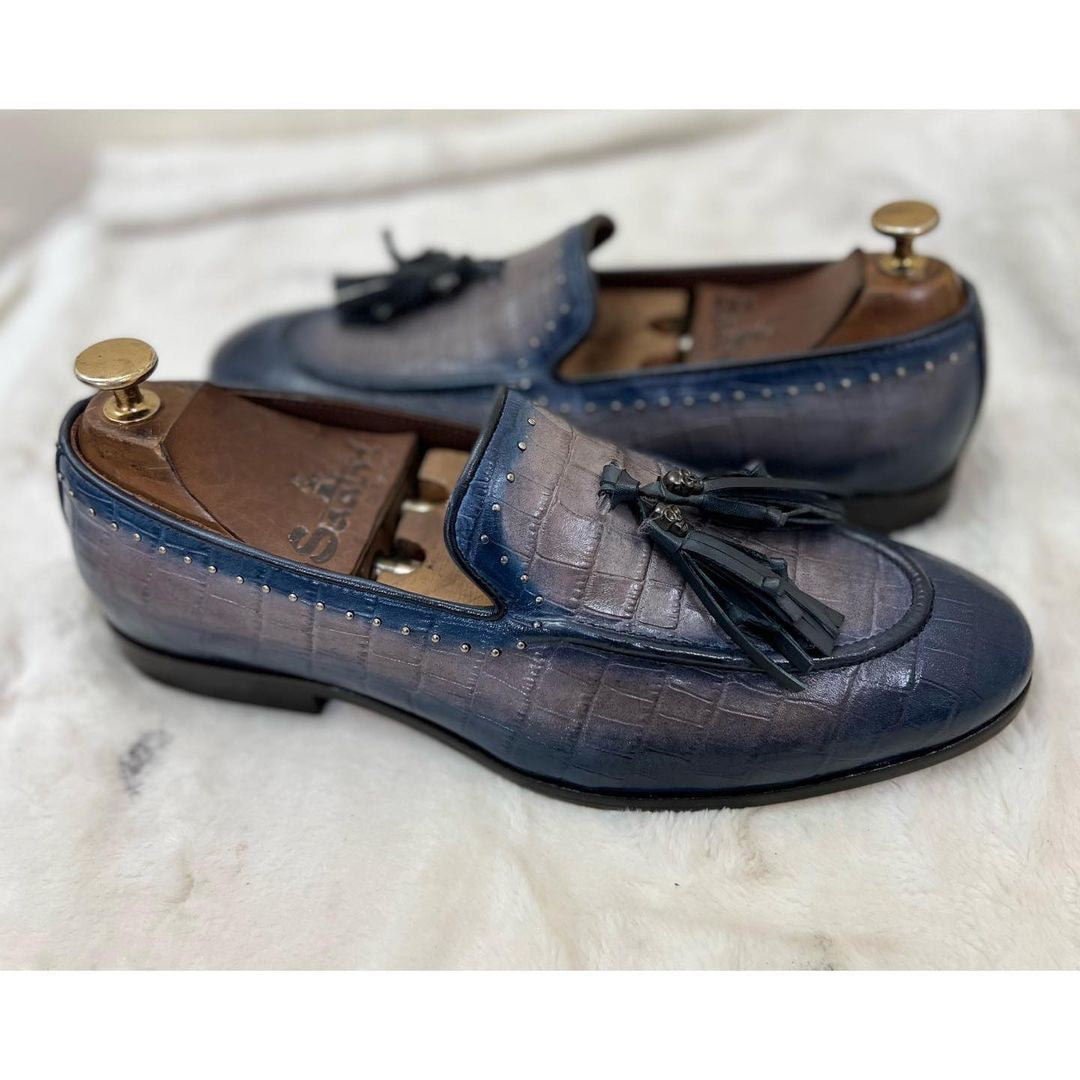 Crocodile Embossed Loafers With Tassles Hand Patina