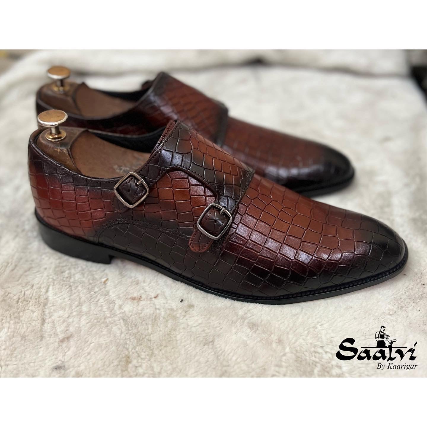 Double Monk Strap Croco Hand Finished