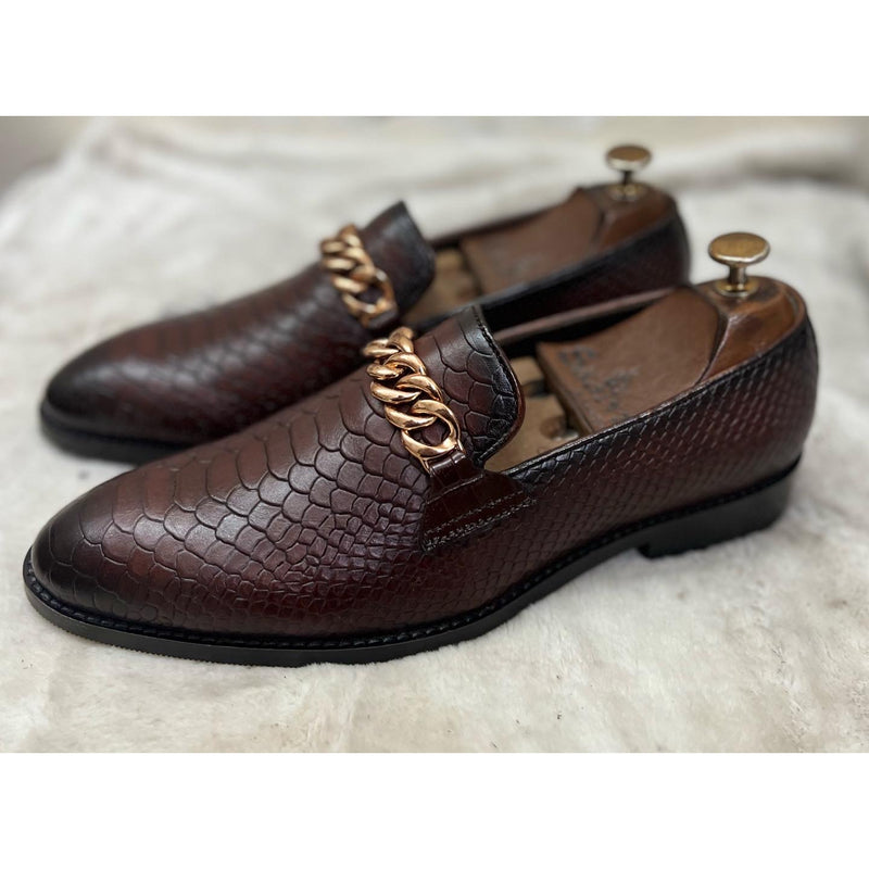 Python Embossed Loafers With Chain
