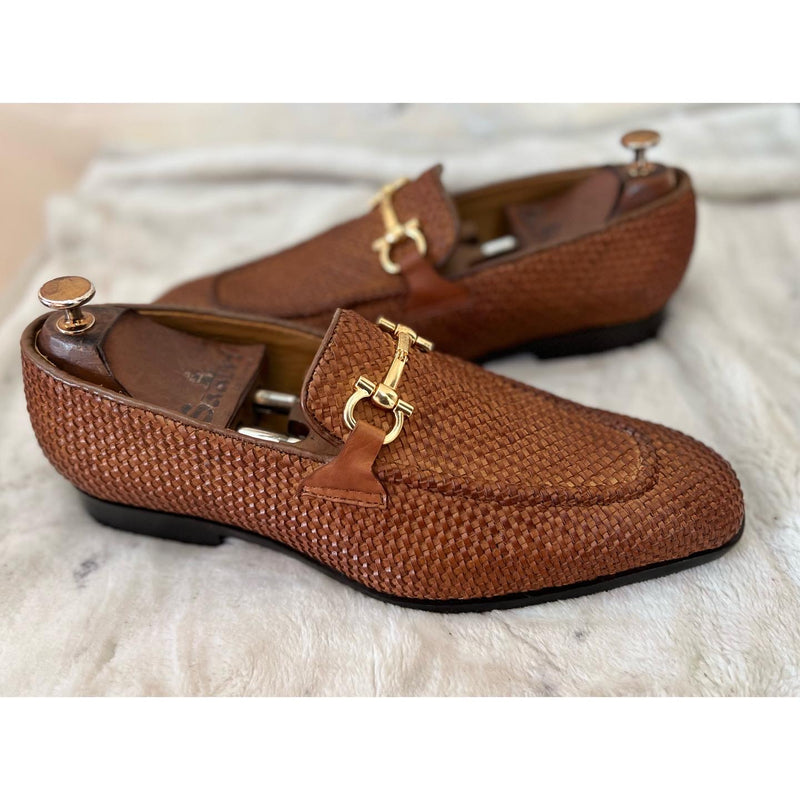 Tan Weave Loafers With Metal Trim