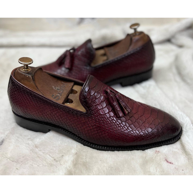 Python Embossed Loafers With Tassels Bordo