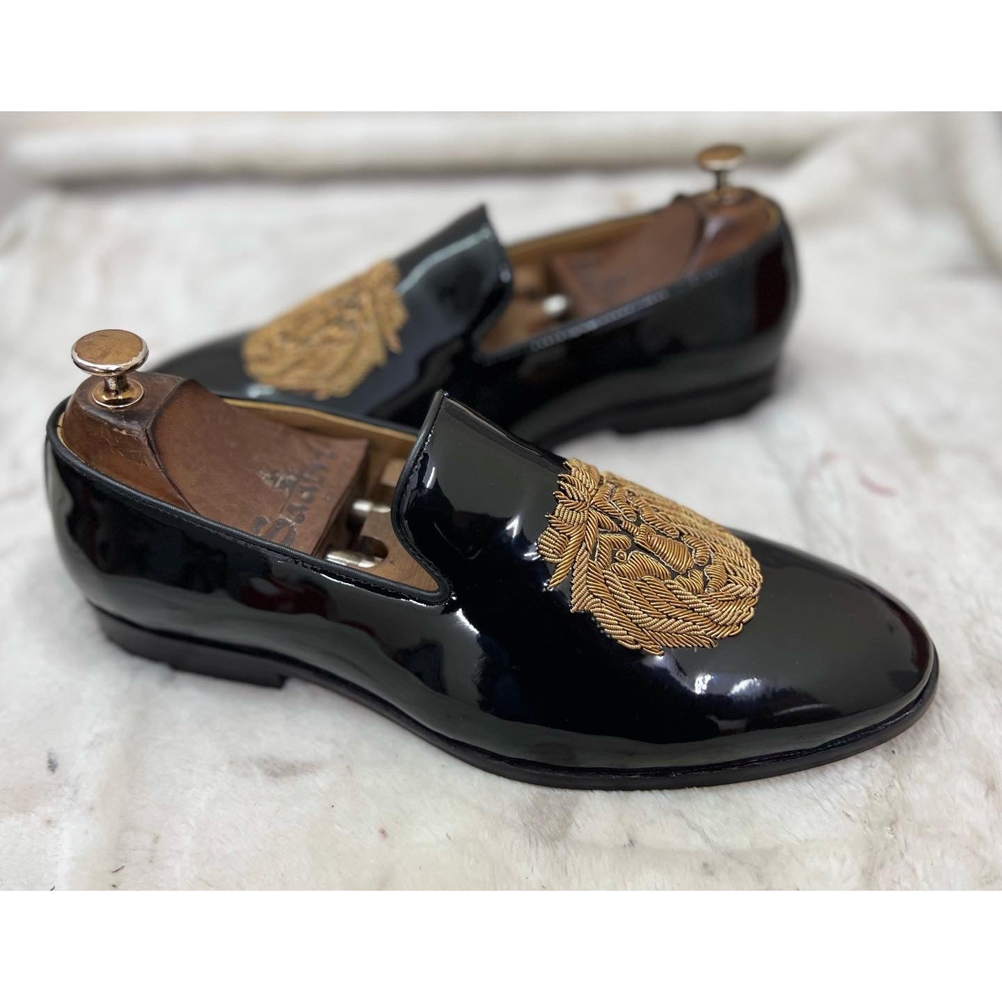 Black Patent Lion Zardosi Slipons