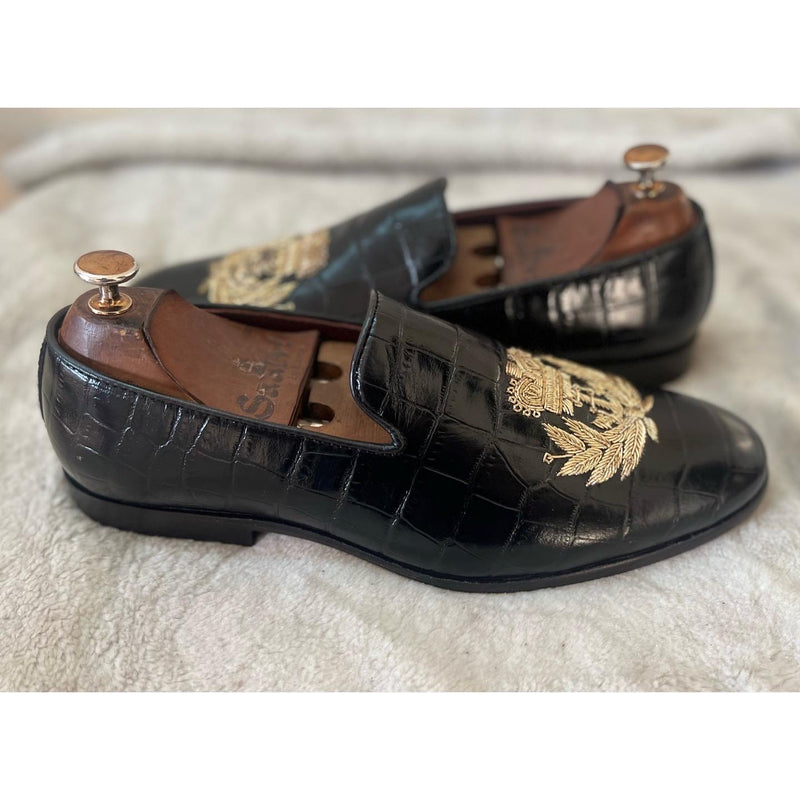 Black Croco With Crown Embroidery