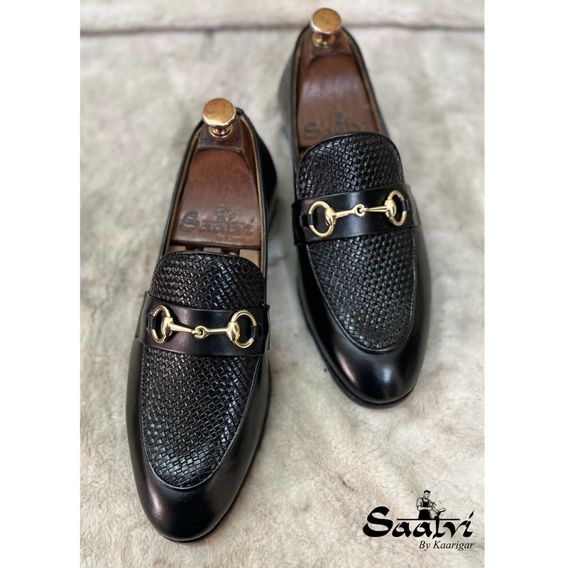 Black Horsebit Loafers With Weave Leather