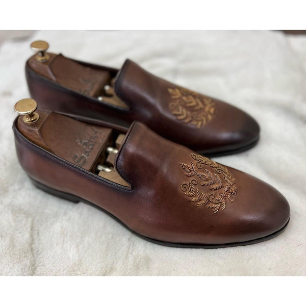 Brown Leaf Zardosi Slipon