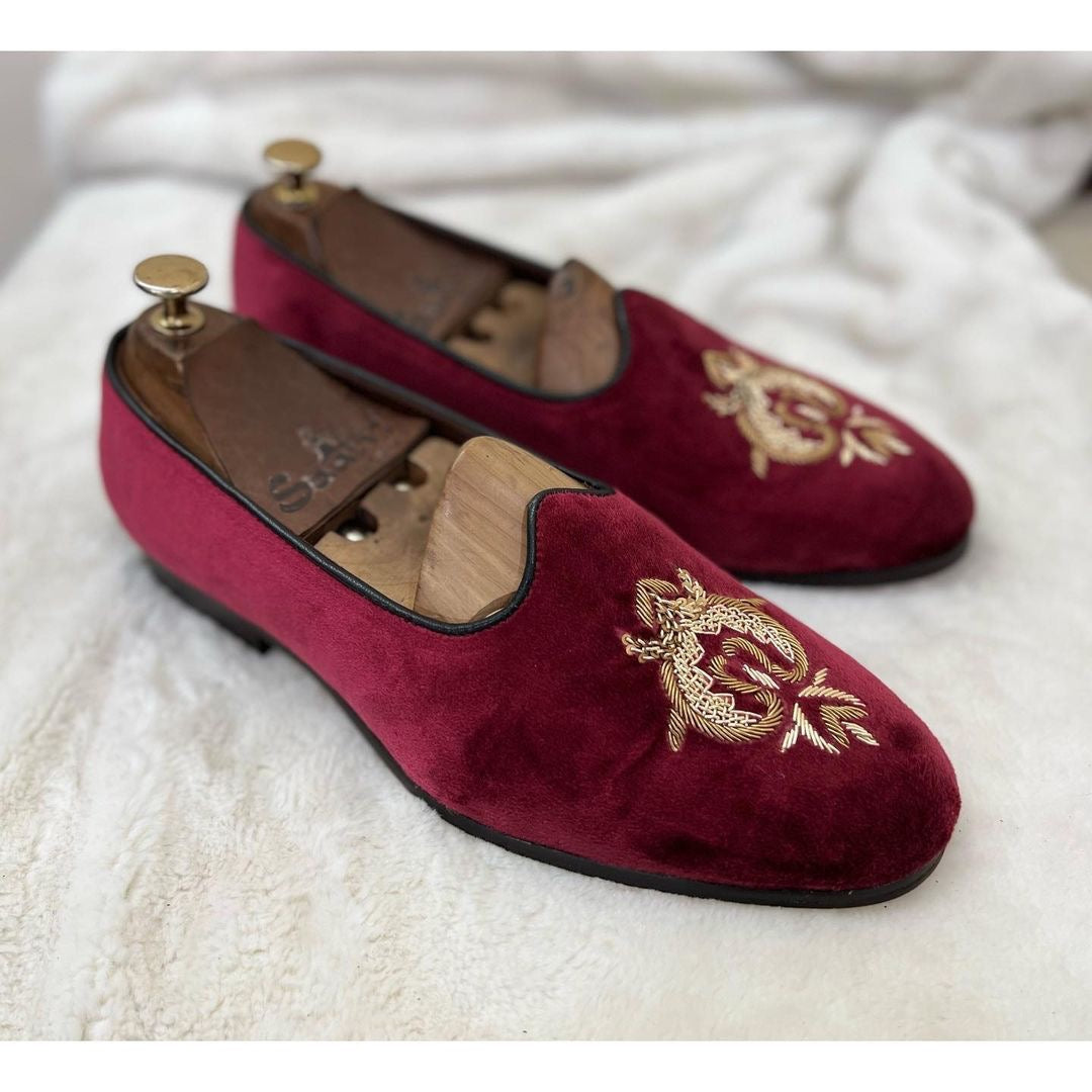 Wine Velvet Crown Zardosi Embroidery Jalsa