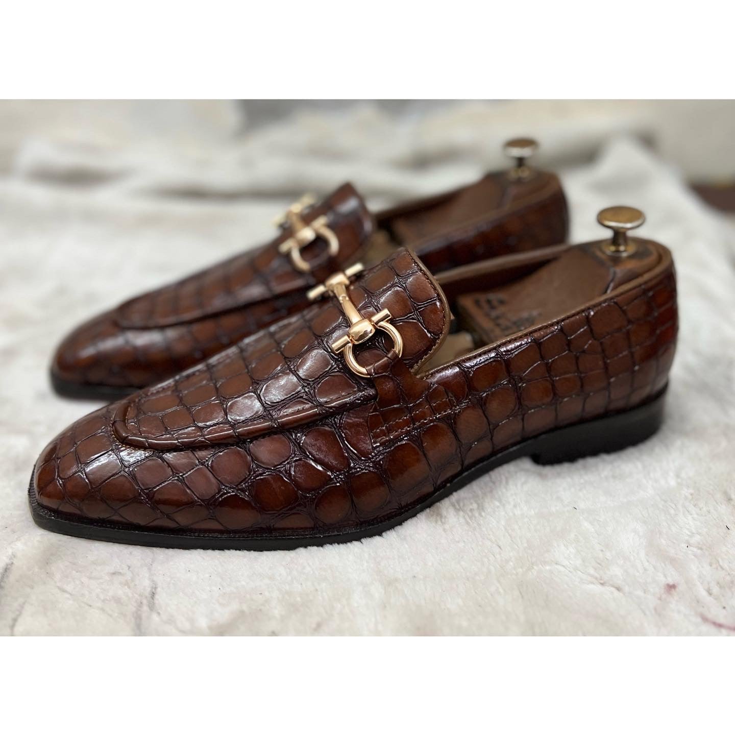 Brown Croco Loafers With Buckle