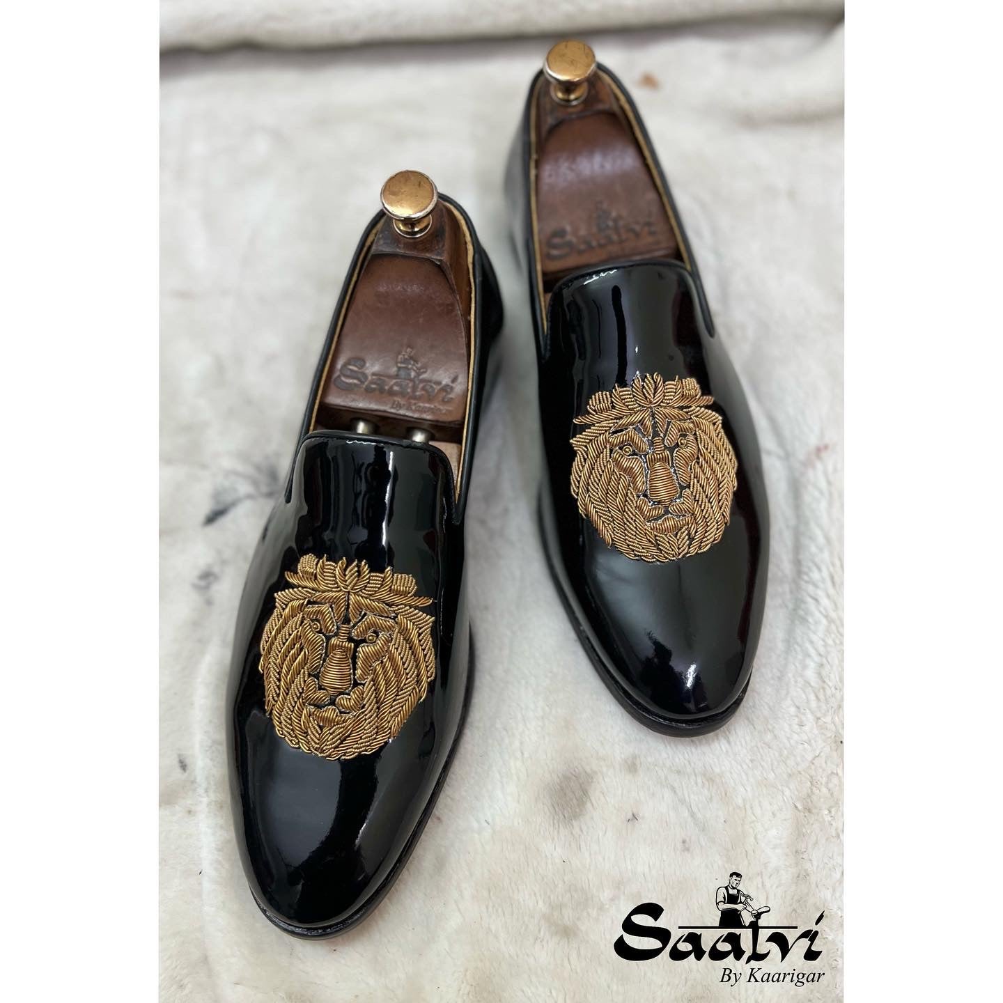 Black Patent Lion Zardosi Slipons