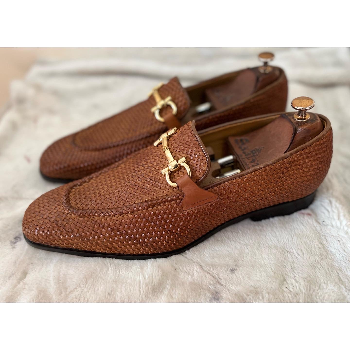 Tan Weave Loafers With Metal Trim