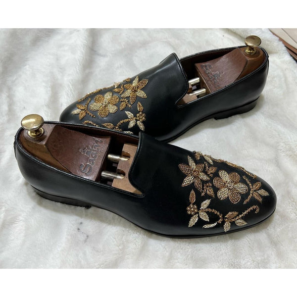 Black Leather Flower Zardosi Slipons