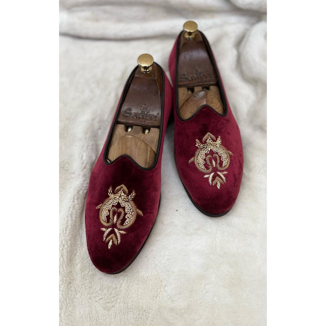 Wine Velvet Crown Zardosi Embroidery Jalsa