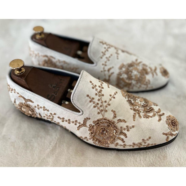 White Velvet Gold Zardosi Embroidery