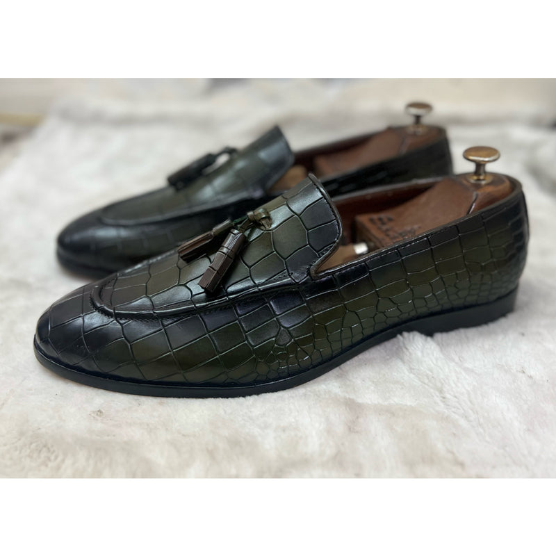 Green Croco Loafers With Tassels