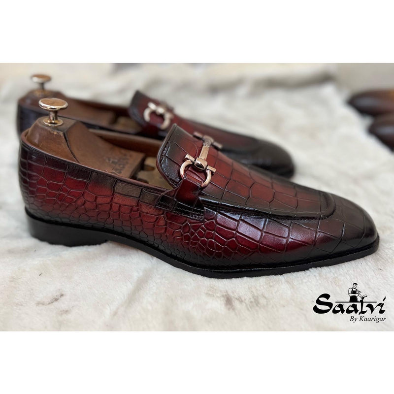 Wine Croco Loafers With Buckle
