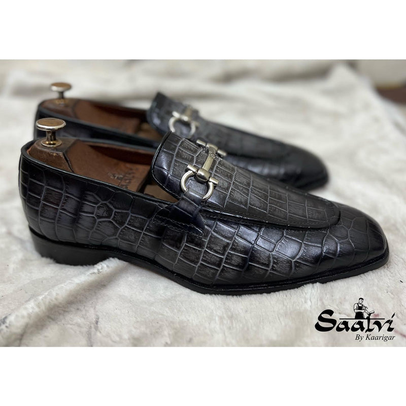 Grey Croco Loafers With Tassels