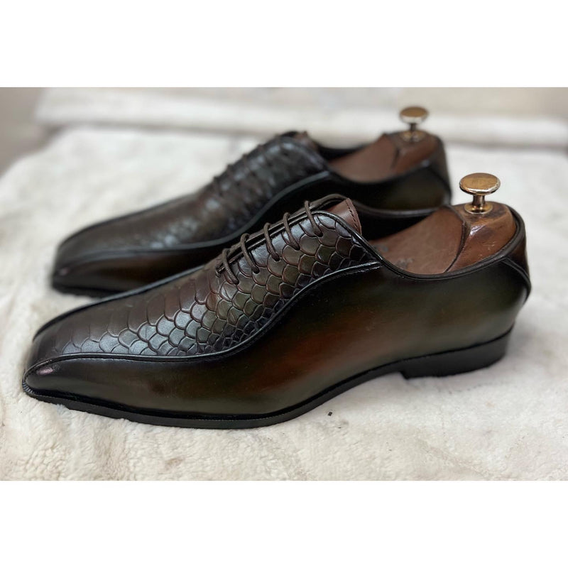 Python Embossed Oxfords Green Hand Patina