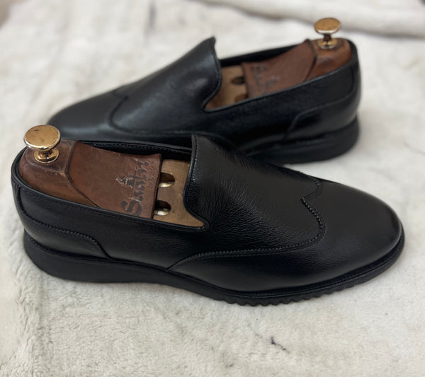 Black Soft Leather Wingtip Light Weight Loafers