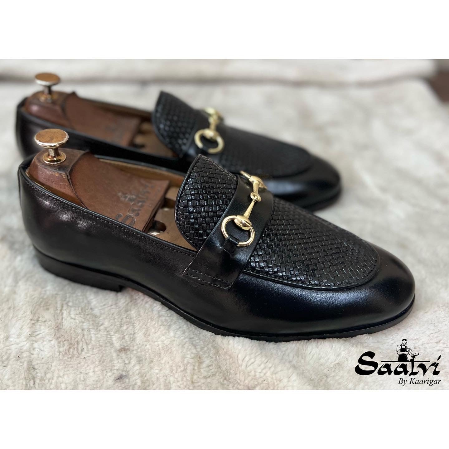 Black Horsebit Loafers With Weave Leather