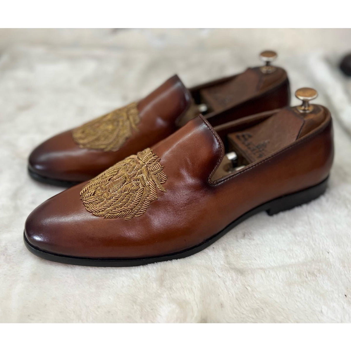 Tan Brown Lion Zardosi Slipons