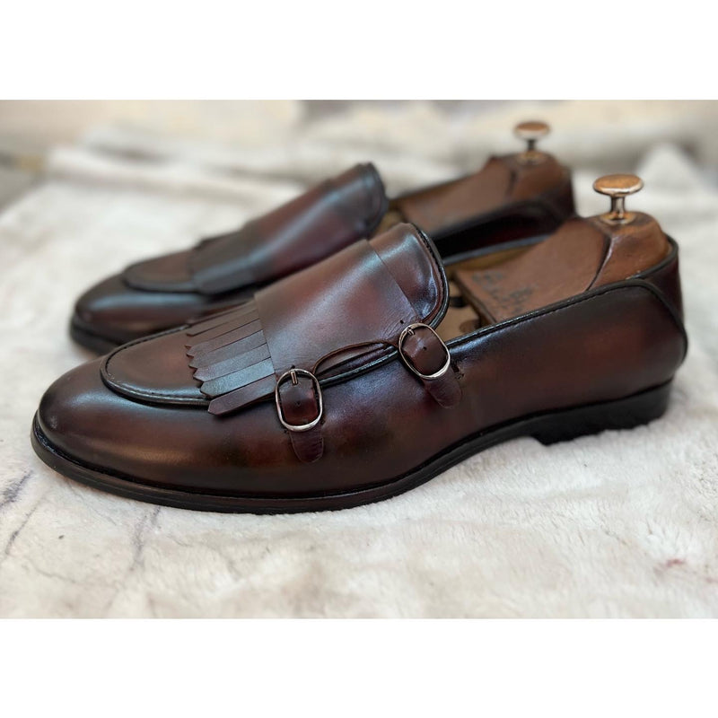 Brown Double Monk Strap Loafers With Fringes