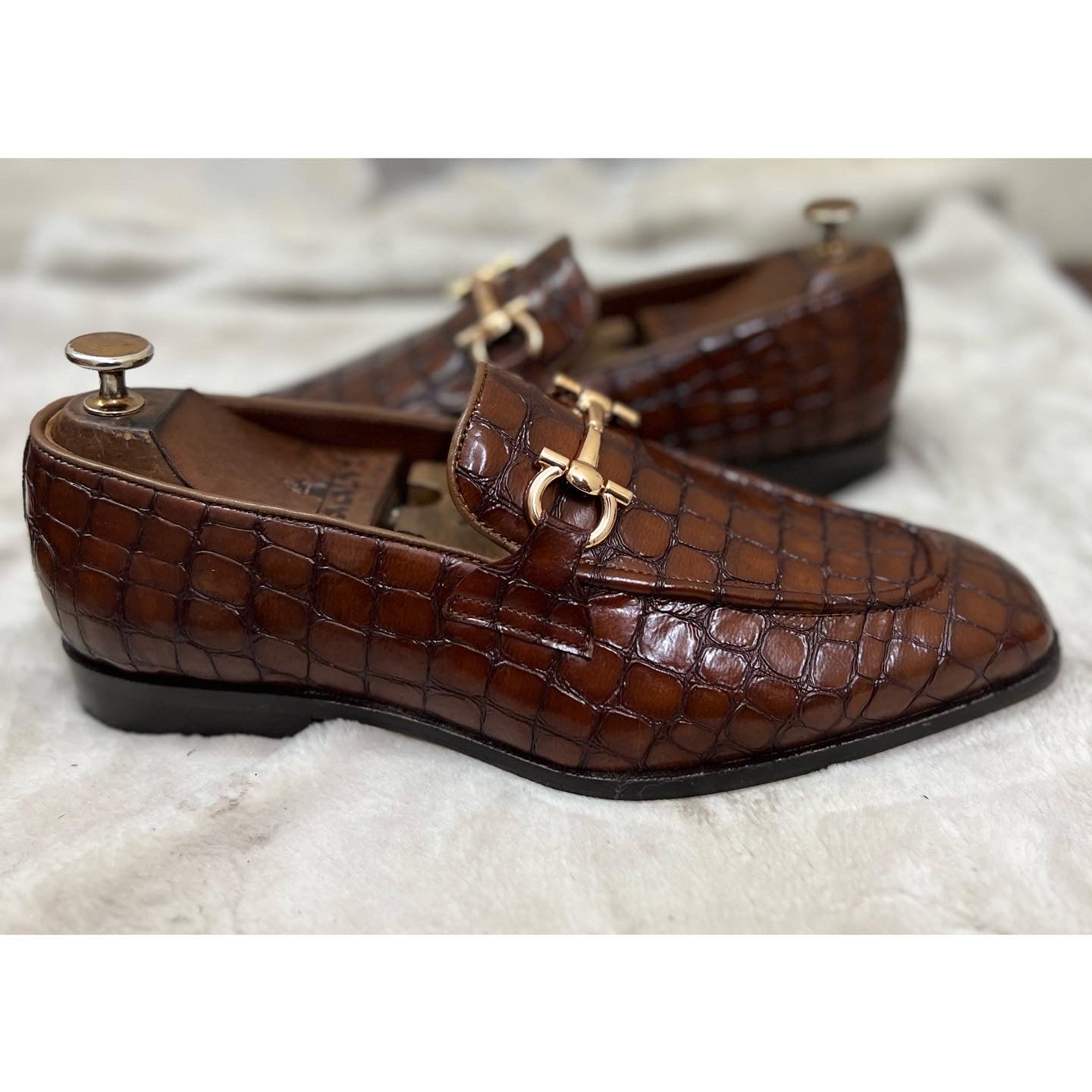 Brown Croco Loafers With Buckle