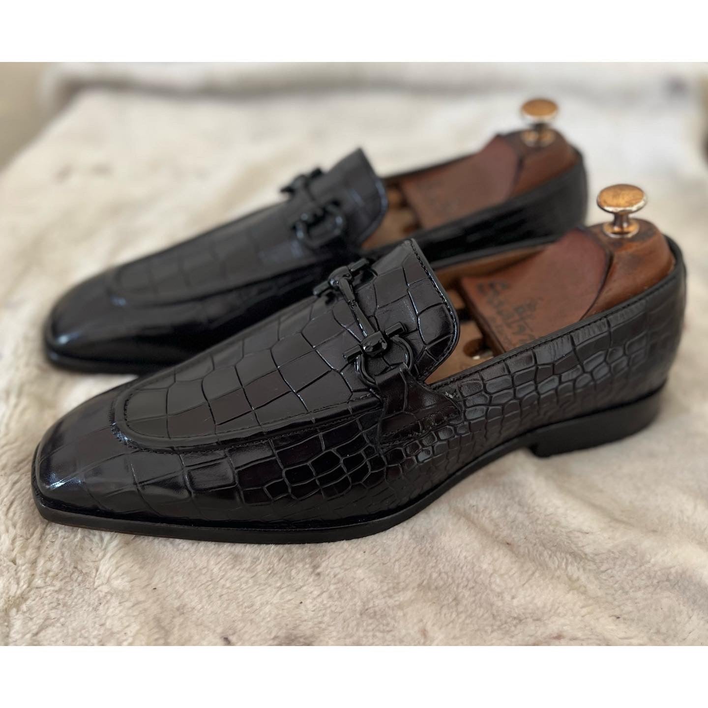 Black Crocodile Loafers With Black Metal Trim