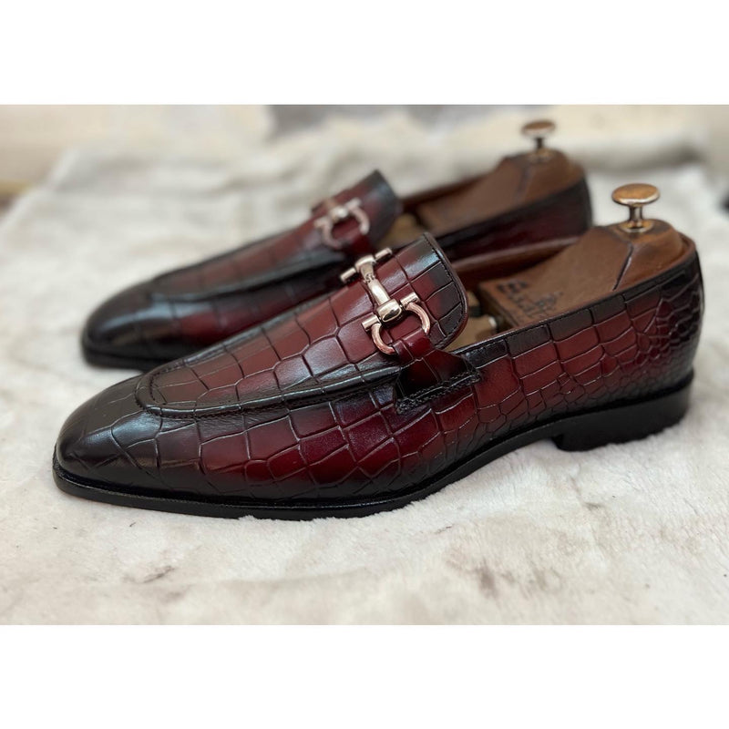 Wine Croco Loafers With Buckle