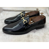 Black Patent Slipons With Fringes & Buckle