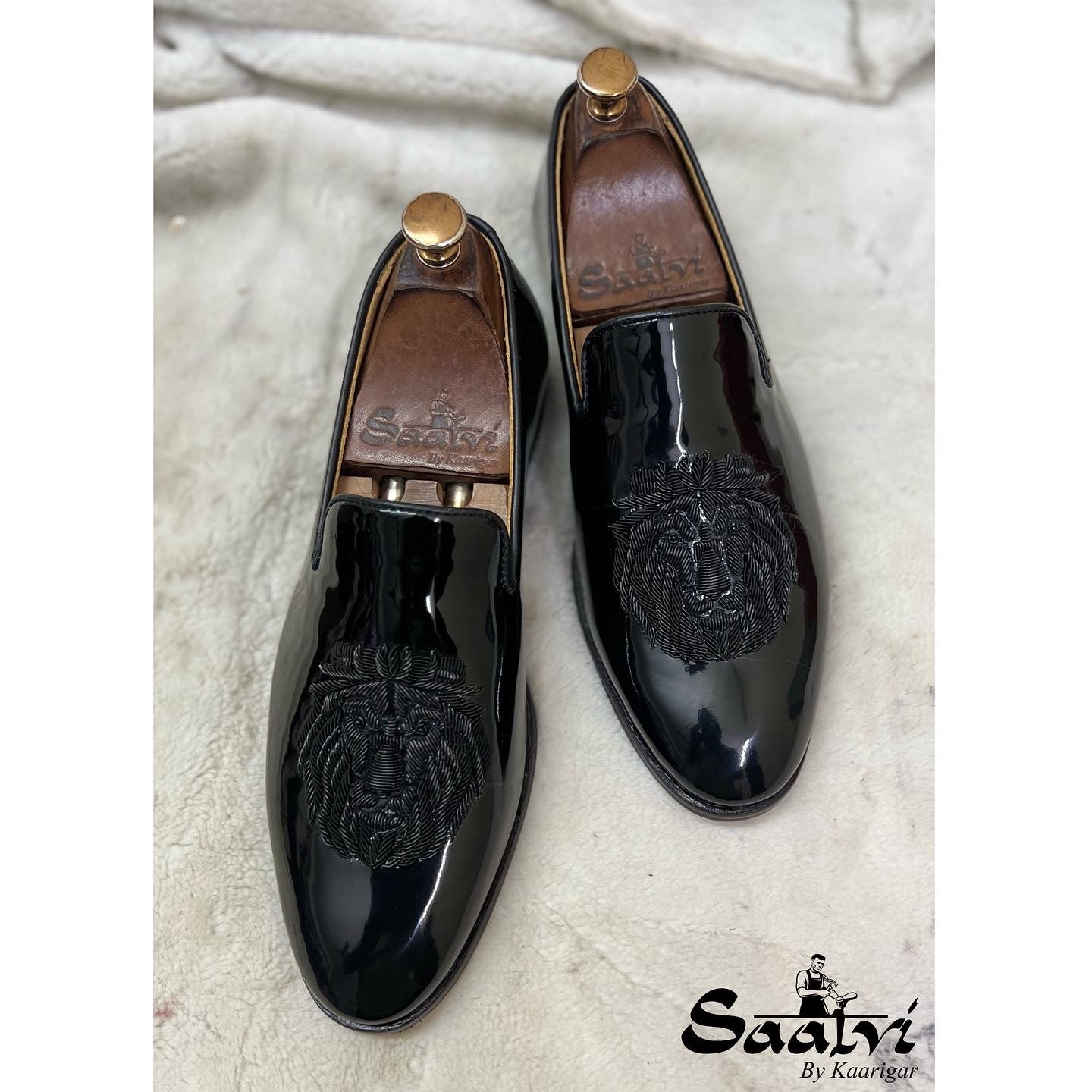 Black Patent Lion Black Zardosi Slipons