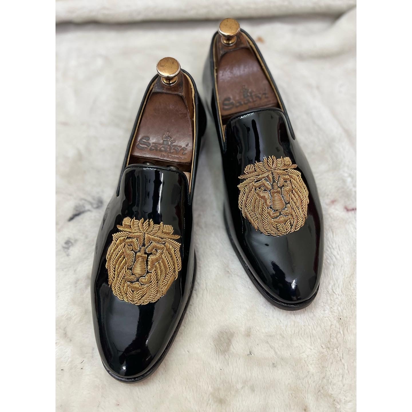 Black Patent Lion Zardosi Slipons