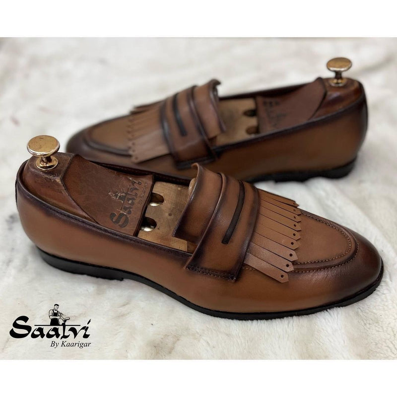 Tan Penny Loafers With Fringes