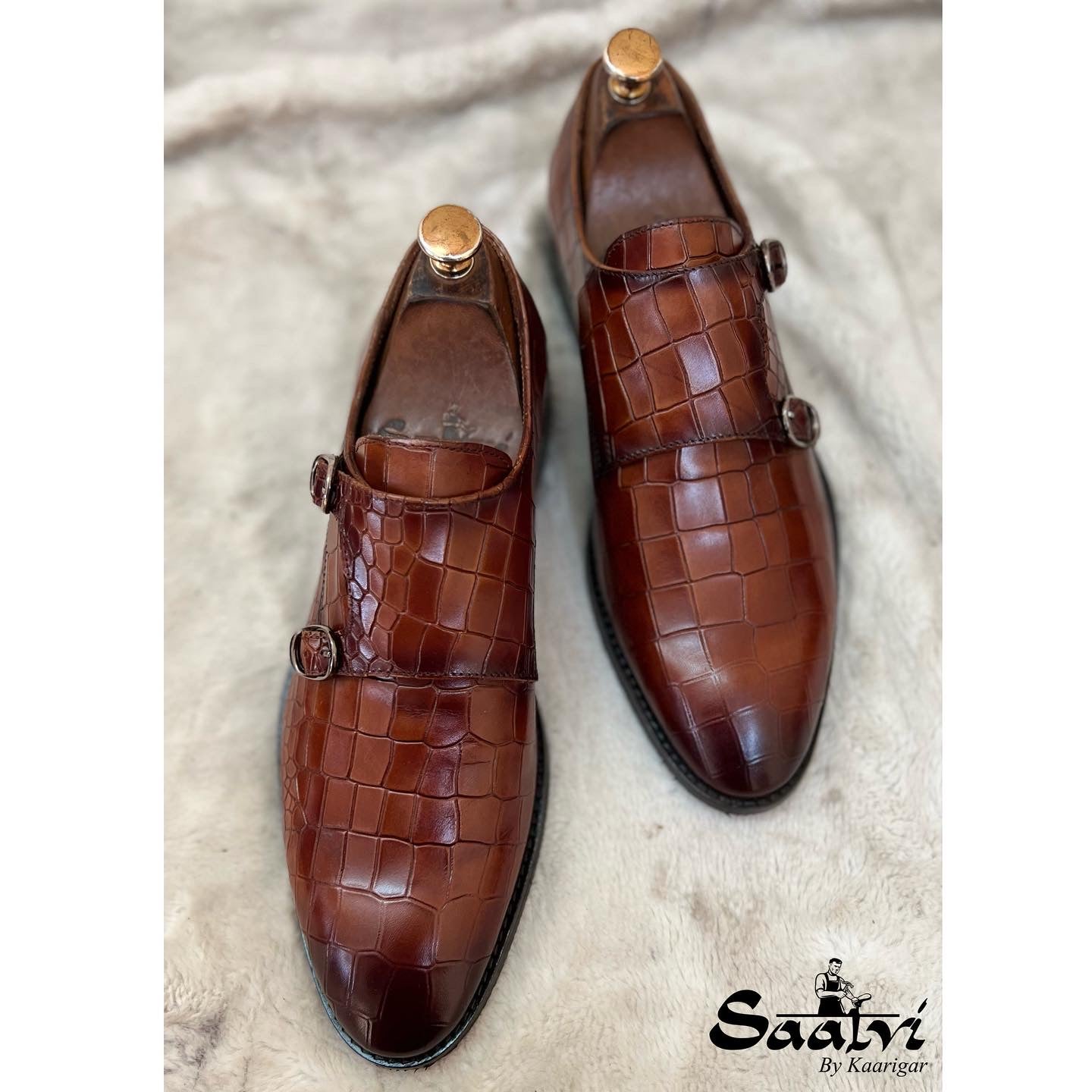 Double Monk Strap Croco Hand Finished