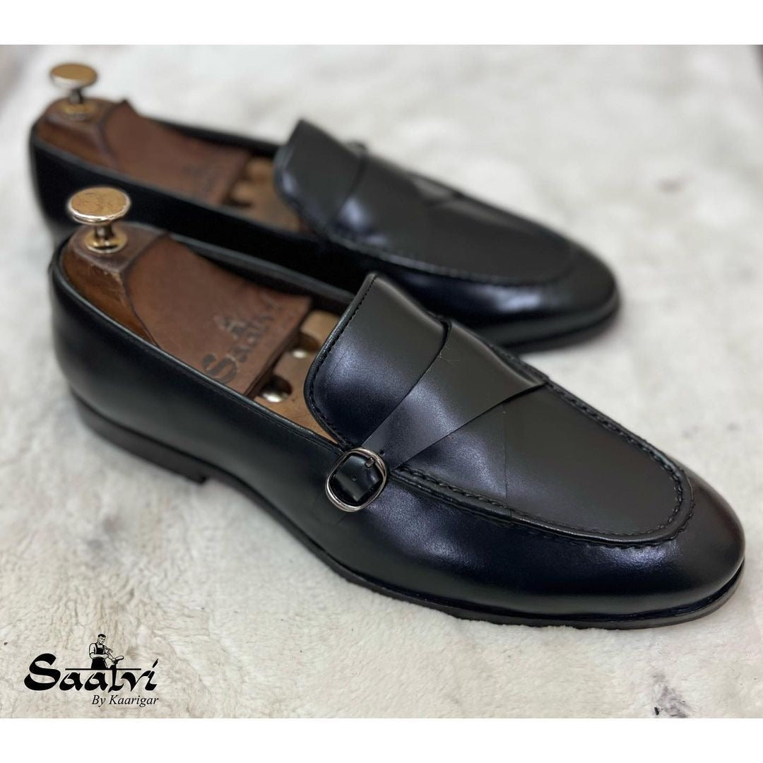 Black Calf Loafers With Strap - Saalvi